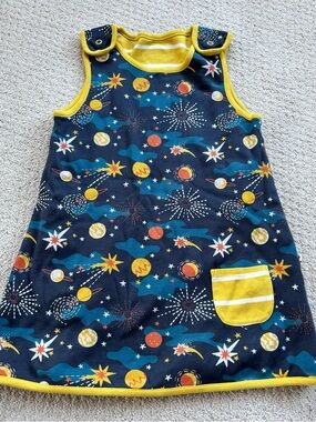 Piccalilly Navy Space Print Baby jumper Dress with Yellow Trim